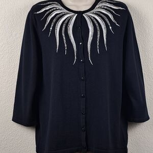 Bob Mackie Wearable Art Embellished Cardigan Sweater Black Silver Beaded Medium